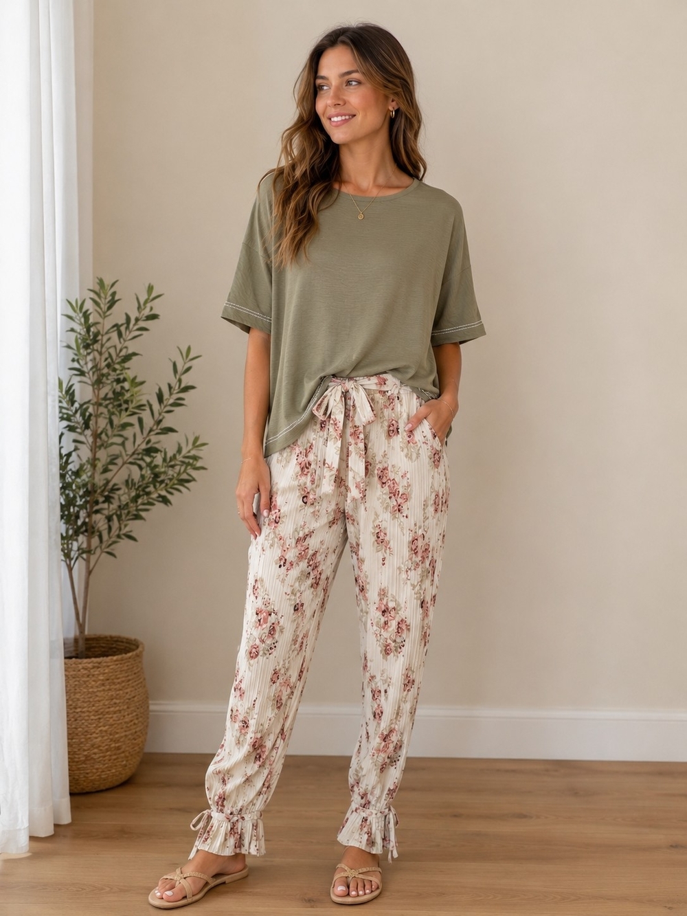 Alice Blue Cream Floral Pleated Boho Pullon Pants with Belt Pink Rose Print